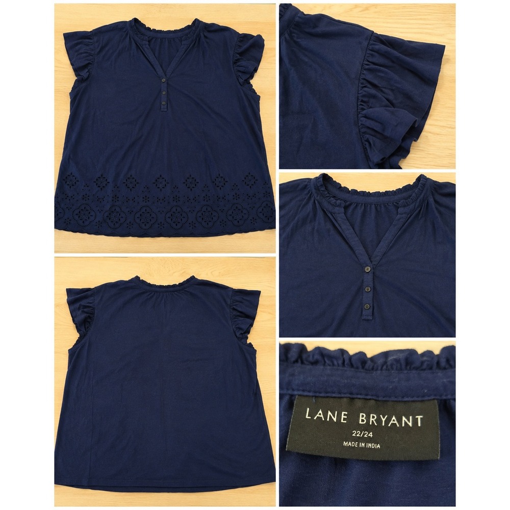 Lane Bryant Navy Blue Eyelet Hem Flutter Sleeve Henley Blouse Plus Size 22/24